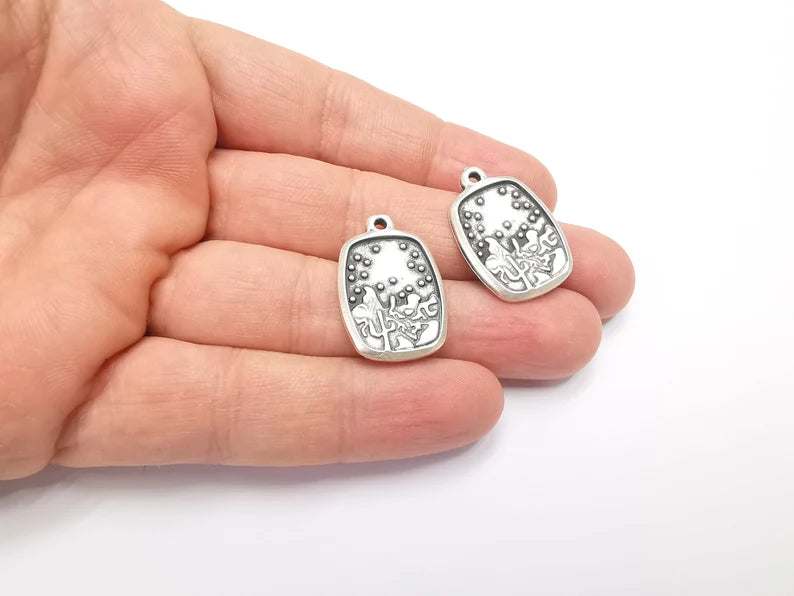 2 Winter Mountain Landscape Cactus Tree Charms Antique Silver Plated Charms (28x19mm) G26589