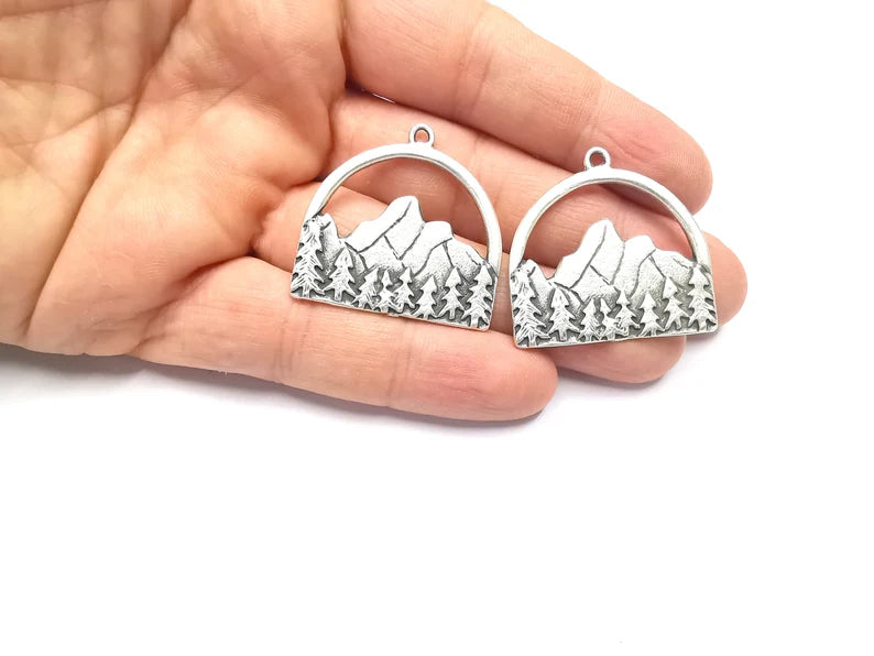 Clif Mountain Landscape Rock Forest Pendant Charms Antique Silver Plated Pendant (35x34mm) G26613