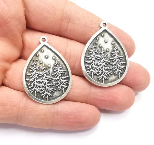 Winter Mountain Landscape Pine Tree Oval Pendant Charms Antique Silver Plated Charms (38x28mm) G26614