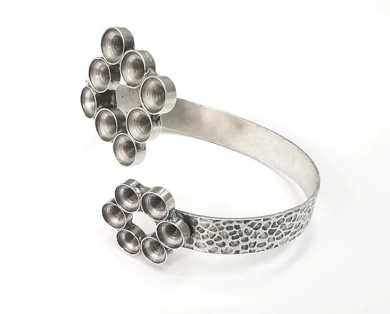Hammered Bracelet Blank Cuff Bezel Cabochon Base Resin Mountings Adjustable Antique Silver Plated Brass Bracelet (8mm Blanks) G26409