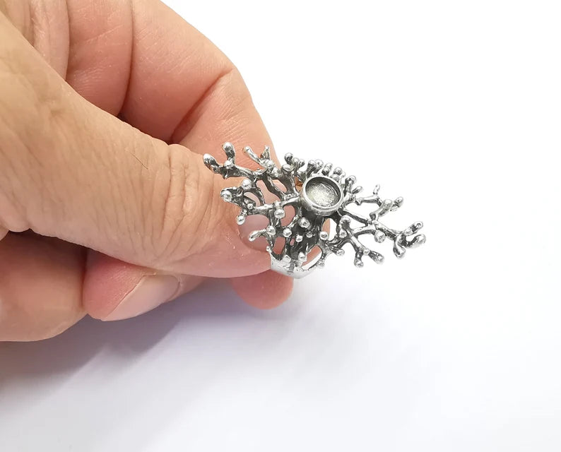 Coral Blanks Silver Ring Setting Cabochon Mounting Adjustable Ring Base Bezel Antique Silver Plated Brass (6mm) G26410