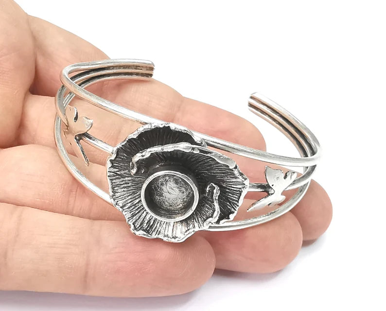 Flower Butterfly Bracelet Blank Cuff Bezel Cabochon Base Resin Mountings Adjustable Antique Silver Plated Brass Bracelet (10mm Blank) G26411