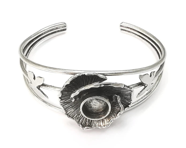 Flower Butterfly Bracelet Blank Cuff Bezel Cabochon Base Resin Mountings Adjustable Antique Silver Plated Brass Bracelet (10mm Blank) G26411