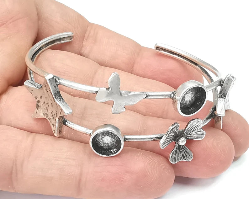 Star Flower Butterfly Bracelet Blank Cuff Bezel Cabochon Base Resin Mountings Adjustable Antique Silver Plated Brass (8mm Blanks) G26412