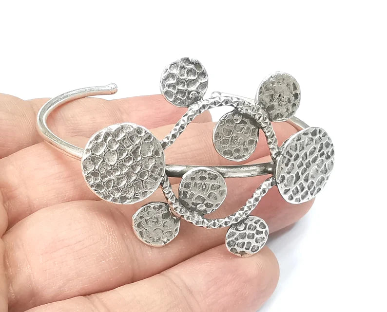 Hammered Disc Bracelet Blank Cuff Bezel Cabochon Base Resin Mountings Adjustable Antique Silver Plated Brass (10-16mm Blanks) G26417