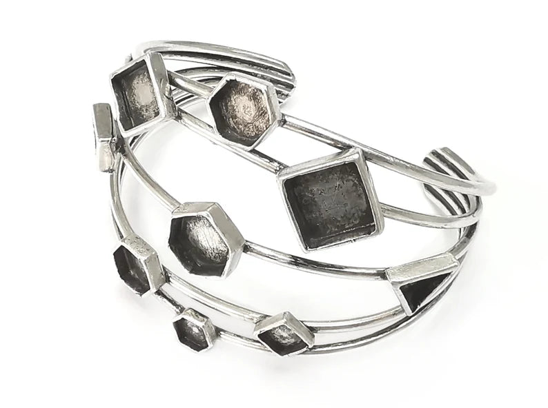 Geometric Bracelet Blank Cuff Bezel Cabochon Base Resin Mountings Adjustable Antique Silver Plated Brass G26418