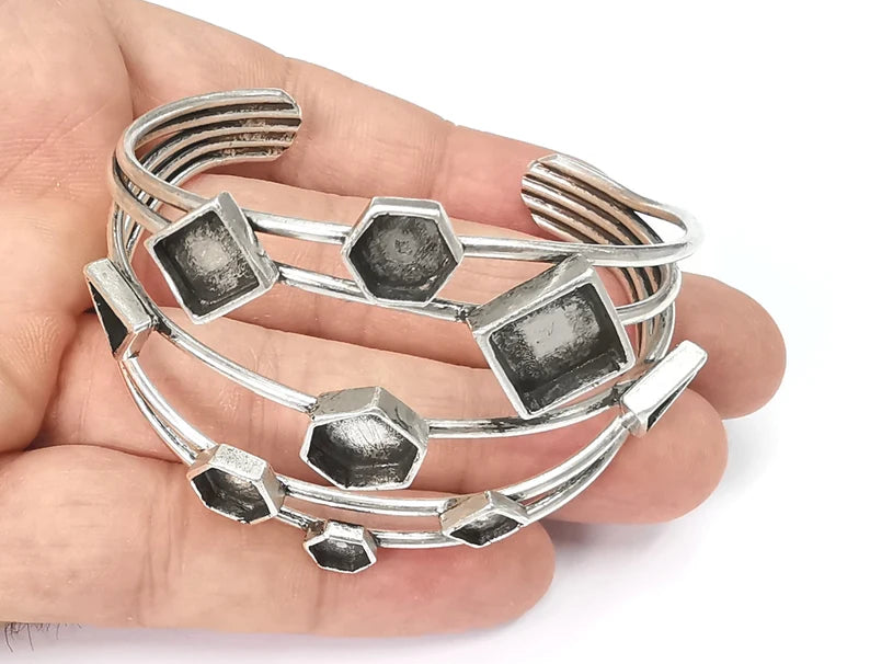 Geometric Bracelet Blank Cuff Bezel Cabochon Base Resin Mountings Adjustable Antique Silver Plated Brass G26418