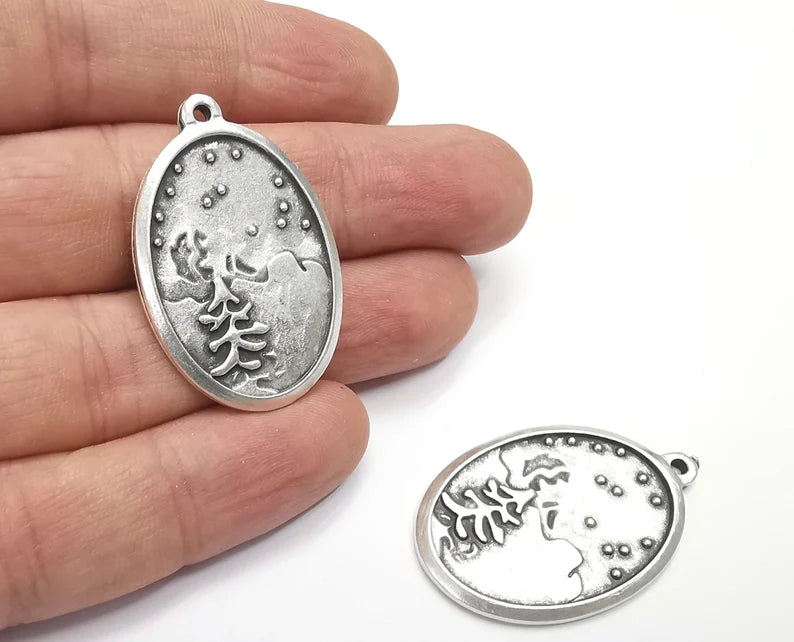 2 Winter Mountain Landscape Pine Tree Oval Pendant Charms Antique Silver Plated Charms (38x35mm) G26618