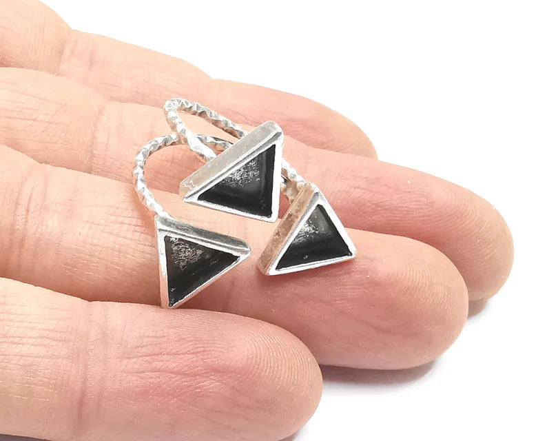 Triangle Silver Ring Setting Blank Cabochon Mounting Adjustable Ring Base Bezel Antique Silver Plated Brass ( 8mm Blanks) G26623
