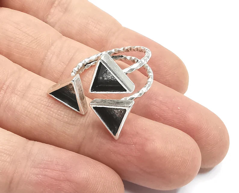 Triangle Silver Ring Setting Blank Cabochon Mounting Adjustable Ring Base Bezel Antique Silver Plated Brass ( 8mm Blanks) G26623