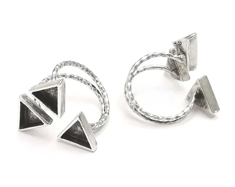 Triangle Silver Ring Setting Blank Cabochon Mounting Adjustable Ring Base Bezel Antique Silver Plated Brass ( 8mm Blanks) G26623