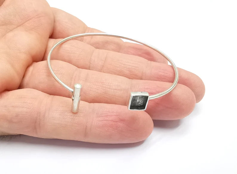 Rod Square Bracelet Blank Resin Cuff Dry Bezel Cabochon Base Adjustable Antique Silver Plated Brass (6mm Blanks) G26625
