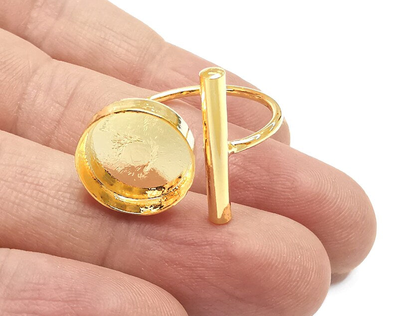 Shiny Gold Rod Bar Ring Bezels Settings Resin Backs Cabochon Mounting Gold Plated Brass Adjustable Ring Base (14mm blank) G26628
