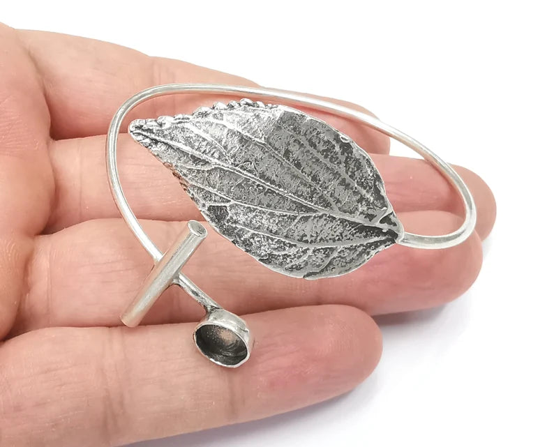 Leaf Bracelet Blank Resin Cuff Dry Flower Inlay Blank Cuff Bezel Glass Cabochon Base Adjustable Antique Silver plated Brass (8mm ) G26421