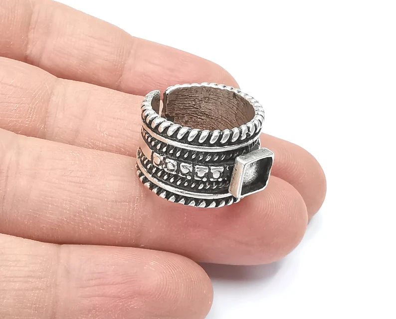 Ethnic Square Silver Ring Blank Base Bezel Settings Cabochon Base Mountings Adjustable (6mm Blank) , Antique Silver Plated Brass G26422