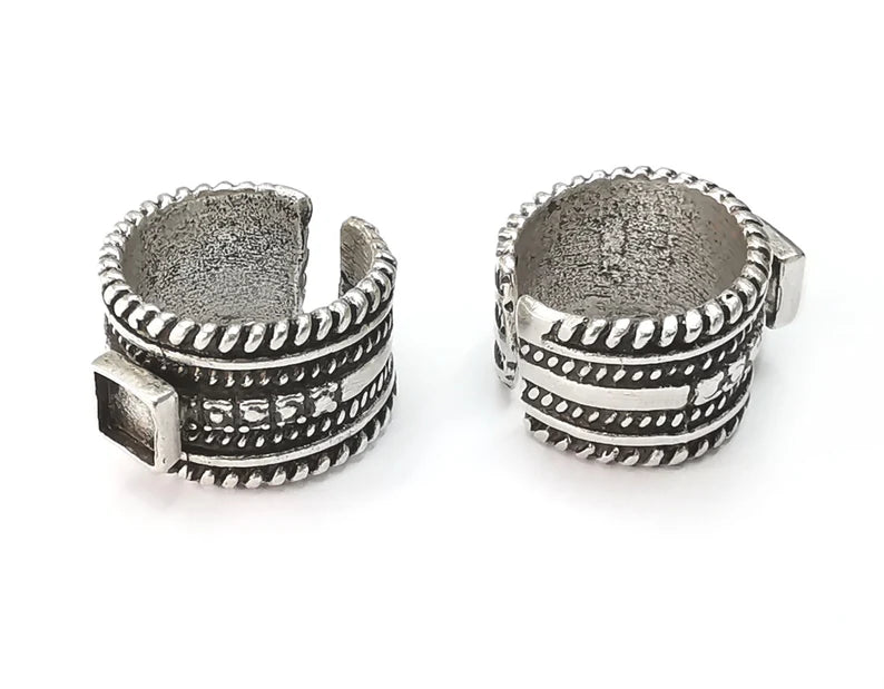 Ethnic Square Silver Ring Blank Base Bezel Settings Cabochon Base Mountings Adjustable (6mm Blank) , Antique Silver Plated Brass G26422