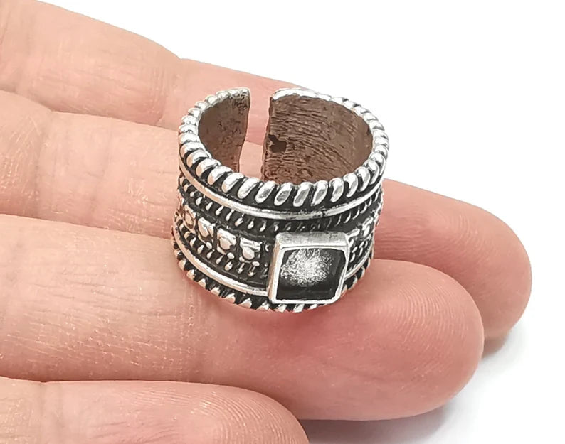 Ethnic Square Silver Ring Blank Base Bezel Settings Cabochon Base Mountings Adjustable (6mm Blank) , Antique Silver Plated Brass G26422