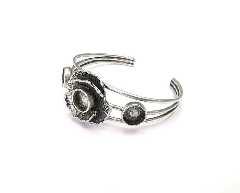 Flower Bracelet Blank Resin Cuff Dry Bezel Glass Cabochon Base Adjustable Antique Silver Plated Brass (10mm Blanks ) G26434