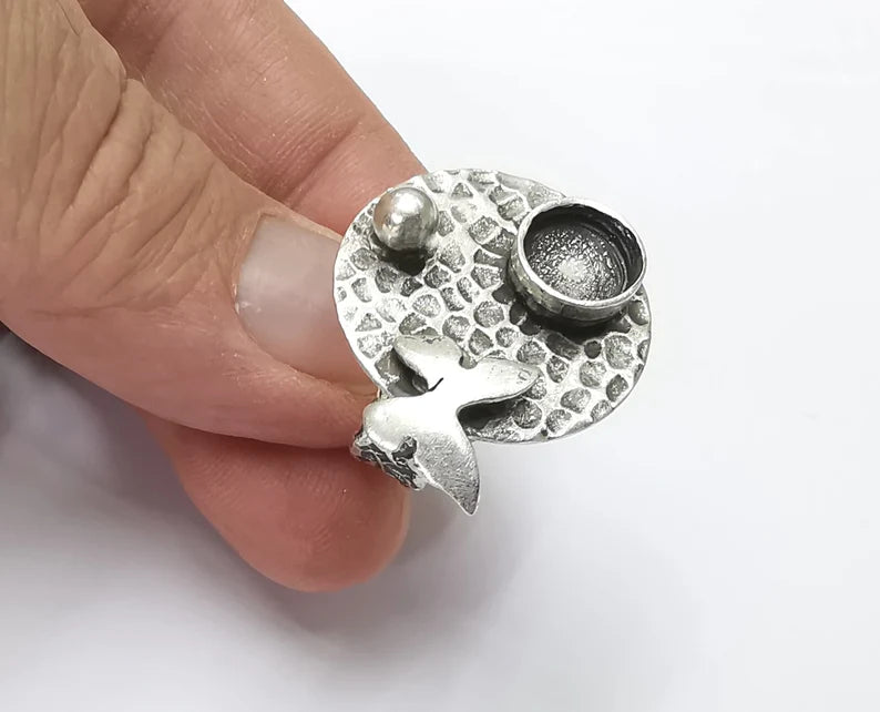 Butterfly hammered disc blanks silver ring setting cabochon mounting adjustable ring base bezel Antique silver plated brass (8mm) G26438