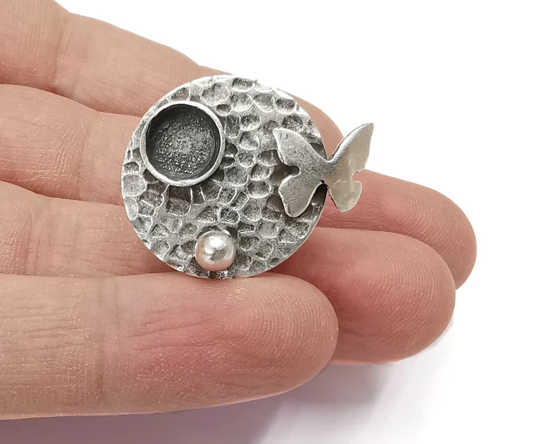 Butterfly hammered disc blanks silver ring setting cabochon mounting adjustable ring base bezel Antique silver plated brass (8mm) G26438