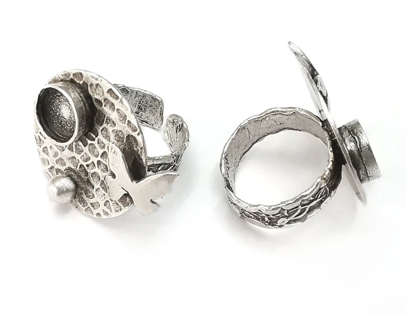 Butterfly hammered disc blanks silver ring setting cabochon mounting adjustable ring base bezel Antique silver plated brass (8mm) G26438