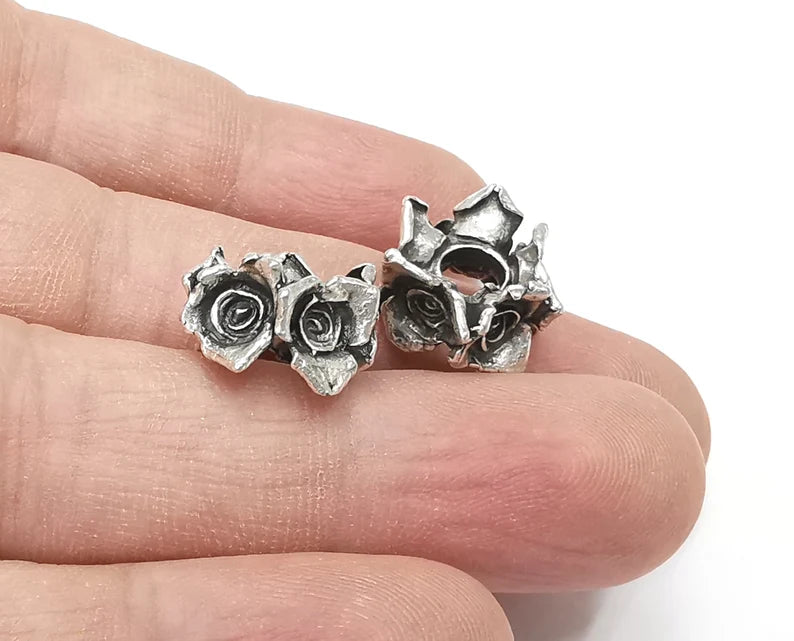 2 Flower Silver Rondelle Beads Antique Silver Plated Brass Flower Rondelle Beads 15x9 mm G26439