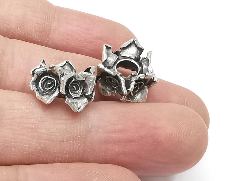 2 Flower Silver Rondelle Beads Antique Silver Plated Brass Flower Rondelle Beads 15x9 mm G26439