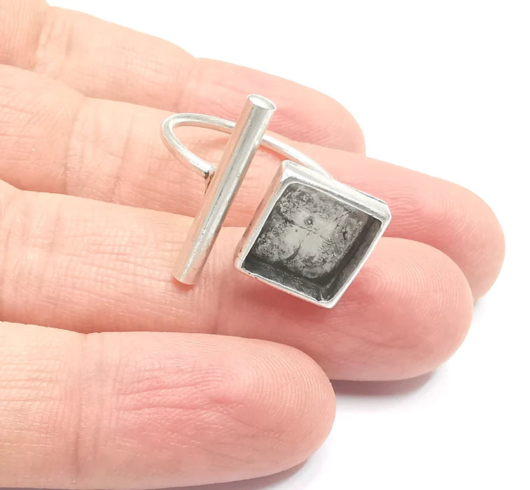 Ring Blanks Silver Rod Square Ring Setting Cabochon Mounting Adjustable Ring Base Bezel Antique Silver Plated Brass (10mm Blanks) G26636