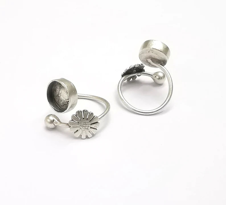 Flower Ball Head Ring Blanks Ring Setting Cabochon Mounting Adjustable Ring Base Bezel Antique Silver Plated Brass (10mm Blanks) G26644