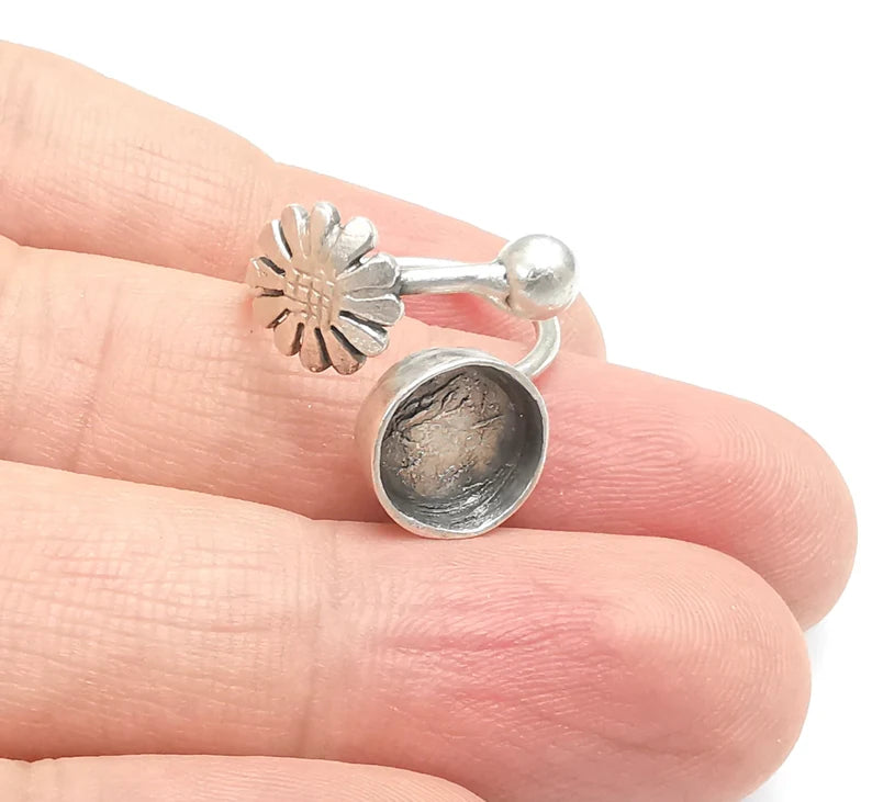 Flower Ball Head Ring Blanks Ring Setting Cabochon Mounting Adjustable Ring Base Bezel Antique Silver Plated Brass (10mm Blanks) G26644