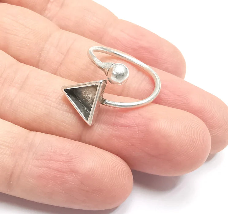 Ring Blanks Silver Ball Head Triangle Ring Setting Cabochon Mounting Adjustable Ring Base Bezel Antique Silver Plated Brass(8mm Blank)G26649