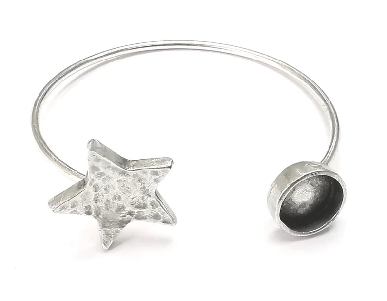 Star Bracelet Blank Cuff Bezel Cabochon Base Resin Mountings Adjustable Antique Silver Plated Brass (10mm Blank) G26648