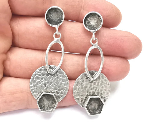 Hammered Disc Dangle Earring Set Base Wire Antique Silver Plated Brass Earring Base (62x24mm) (10mm blanks) G26652