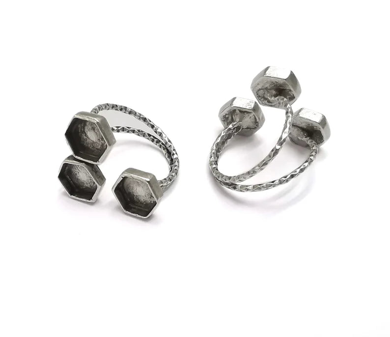 Hexagon Ring Bases, Ring Blanks, Ring Bezel Setting, Ring Frame, Cabochon Mountings Adjustable Antique Silver Plated Brass G26655