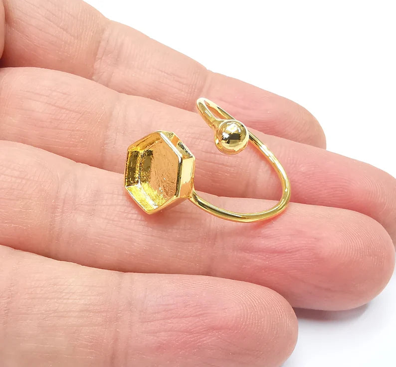 Ball Head Hexagonal Shiny Gold Ring Bezels Settings Resin Backs Cabochon Mounting Gold Plated Brass Adjustable Ring Base (10mm blank) G26661