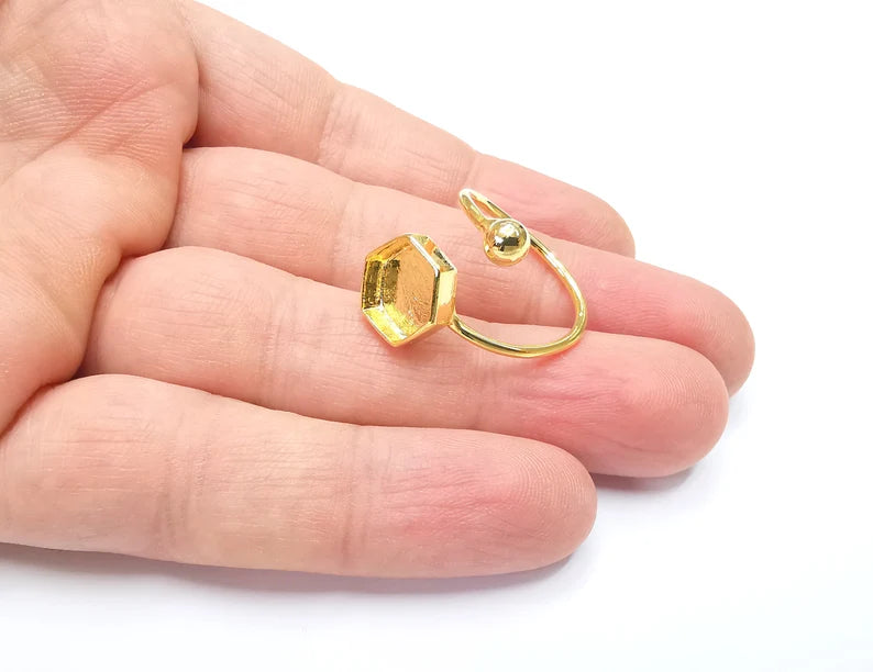 Ball Head Hexagonal Shiny Gold Ring Bezels Settings Resin Backs Cabochon Mounting Gold Plated Brass Adjustable Ring Base (10mm blank) G26661