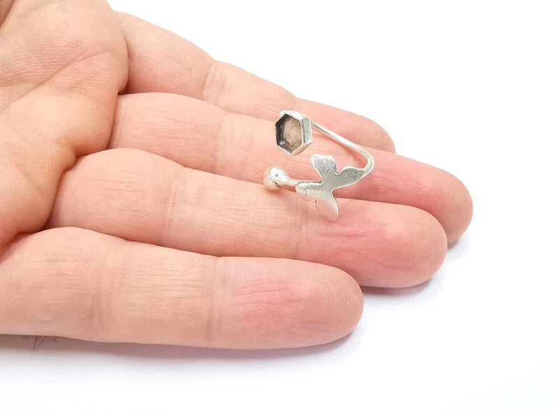 Butterfly Hexagon Ring Blanks Silver Ball Head Ring Setting Cabochon Mounting Adjustable Ring Base Bezel Antique Silver Plated Brass G26663