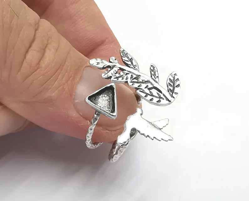 Bird Branch Silver Ring Setting Blank Cabochon Mounting Adjustable Ring Base bezel Antique silver plated brass (6 mm) G26443