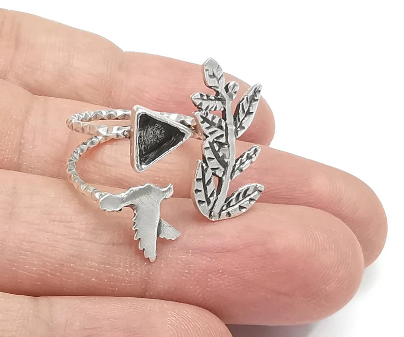 Bird Branch Silver Ring Setting Blank Cabochon Mounting Adjustable Ring Base bezel Antique silver plated brass (6 mm) G26443