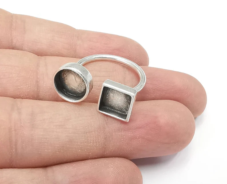 Ring Blanks Silver Round Ring Setting Cabochon Mounting Adjustable Ring Base Bezel Antique Silver Plated Brass (10 and 8 mm) G26445