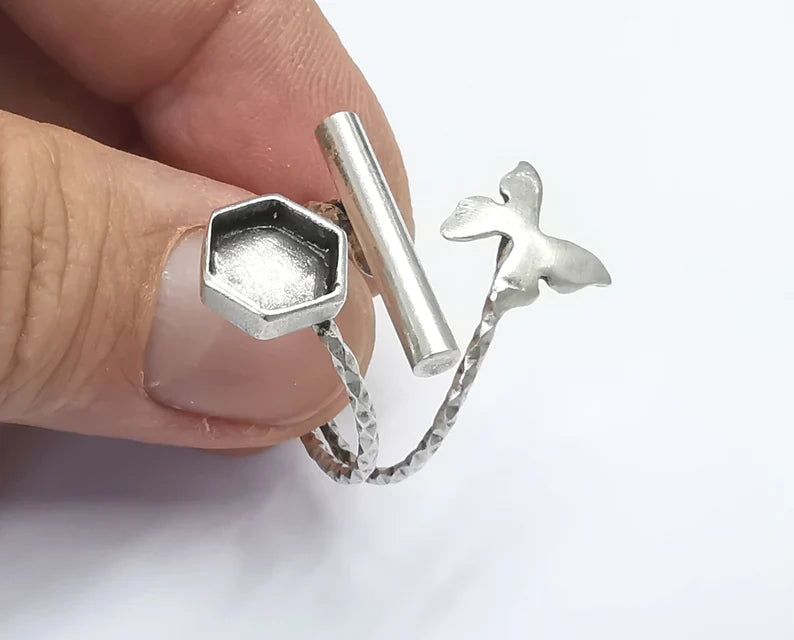 Butterfly Ring Blanks Silver Rod Hexagon Ring Setting Cabochon Mounting Adjustable Ring Base Bezel Antique Silver Plated Brass (8mm) G26447