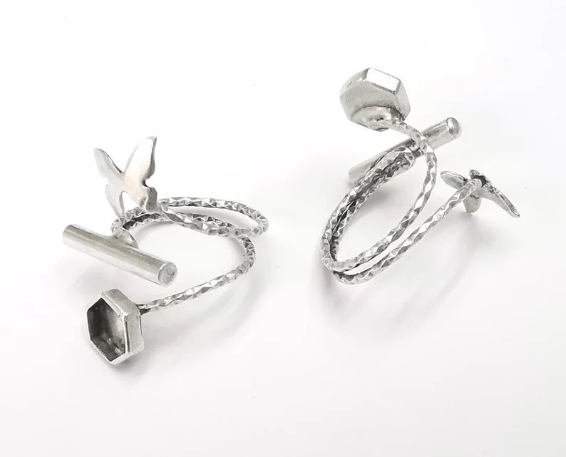 Butterfly Ring Blanks Silver Rod Hexagon Ring Setting Cabochon Mounting Adjustable Ring Base Bezel Antique Silver Plated Brass (8mm) G26447