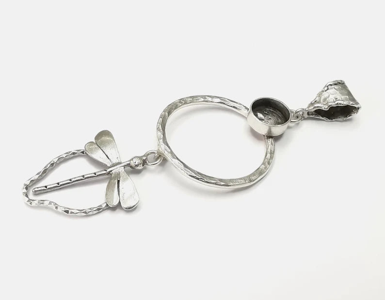 Dragonfly Dangle Pendant Blank Resin Bezel Mosaic Mountings Cabochon Setting Antique Silver Plated Brass (90x32mm)(10mm Bezel) G26453