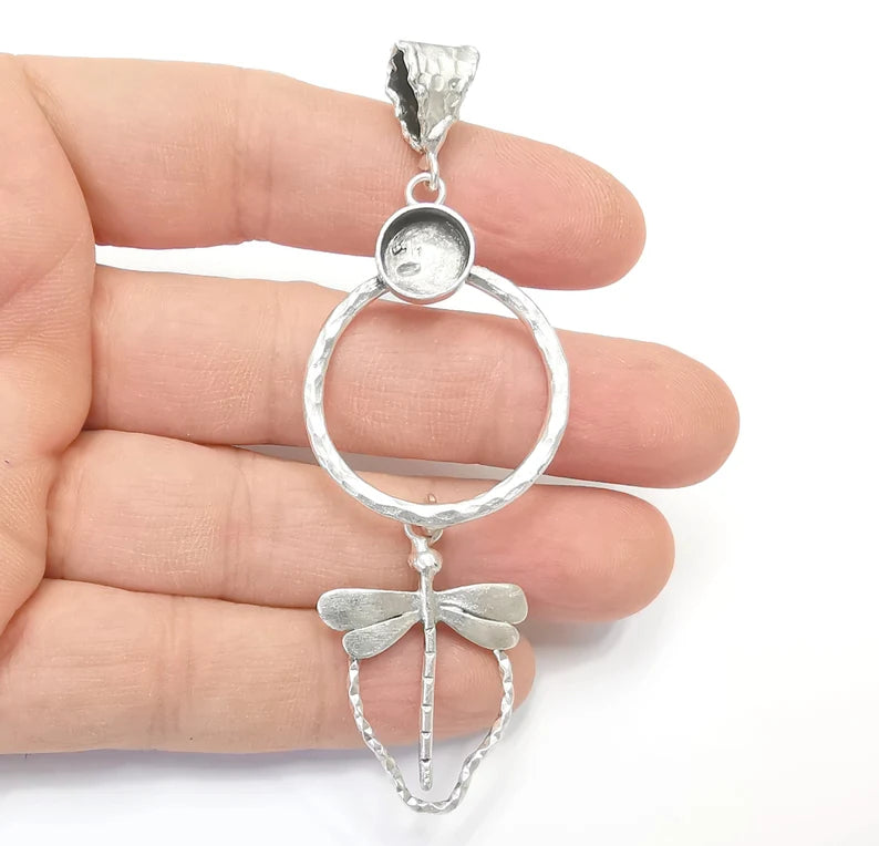 Dragonfly Dangle Pendant Blank Resin Bezel Mosaic Mountings Cabochon Setting Antique Silver Plated Brass (90x32mm)(10mm Bezel) G26453