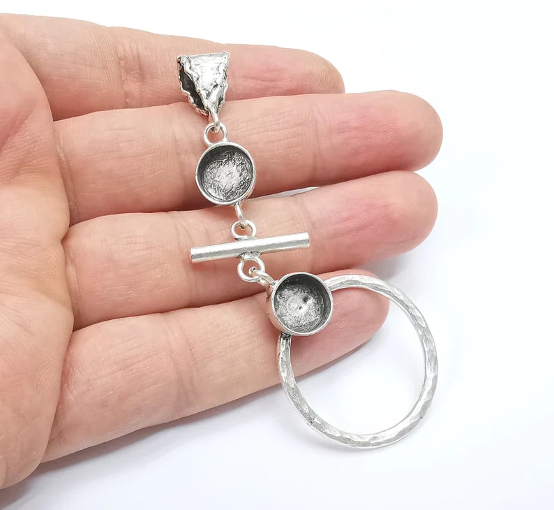 Circles Dangle Rod Pendant Blank Resin Bezel Mosaic Mountings Cabochon Setting Antique Silver Plated Brass ( 10mm Bezels ) G26668