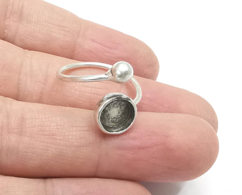 Wrap Ball Round Blank Silver Ring Setting Cabochon Mounting Adjustable Ring Base Bezel Antique Silver Plated Brass (8mm blank) G26669