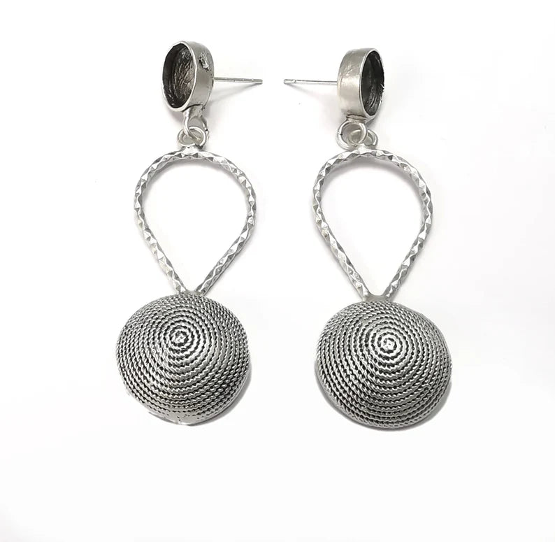 Cube Dome Silver Dangle Earring Set Base Wire Antique Silver Plated Brass Earring Base (10mm Bezel) G26673