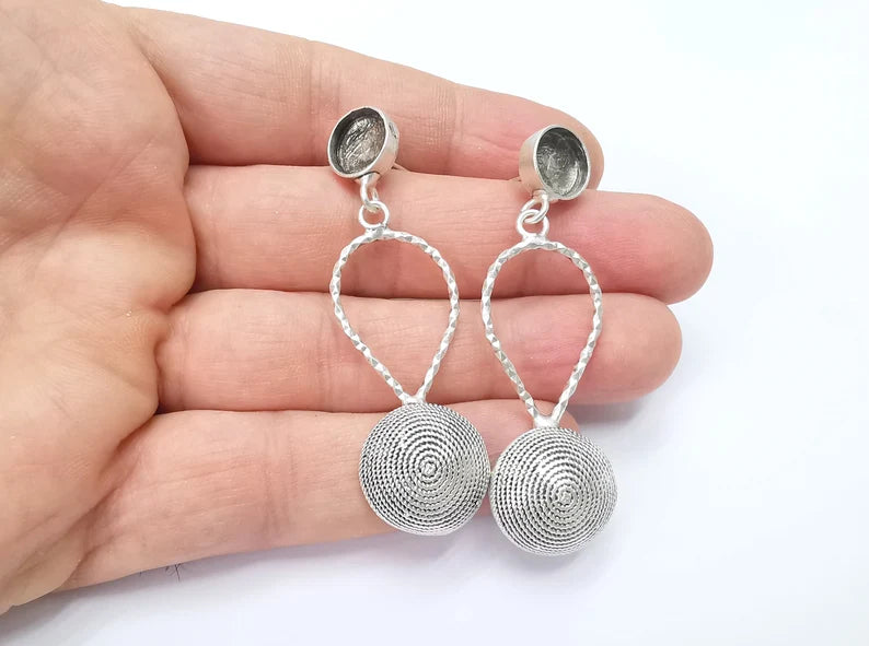 Cube Dome Silver Dangle Earring Set Base Wire Antique Silver Plated Brass Earring Base (10mm Bezel) G26673