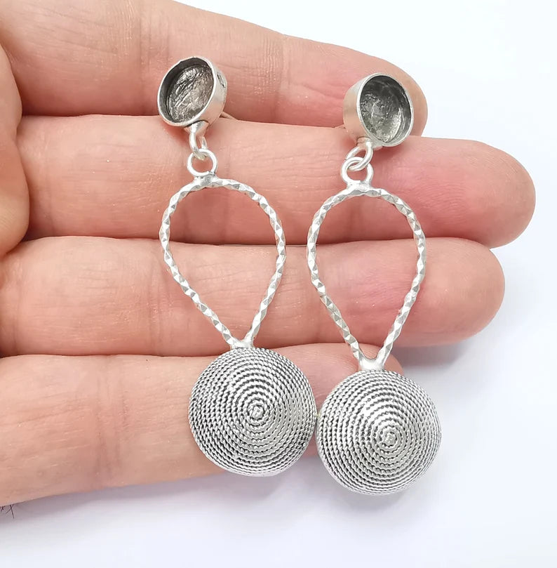 Cube Dome Silver Dangle Earring Set Base Wire Antique Silver Plated Brass Earring Base (10mm Bezel) G26673