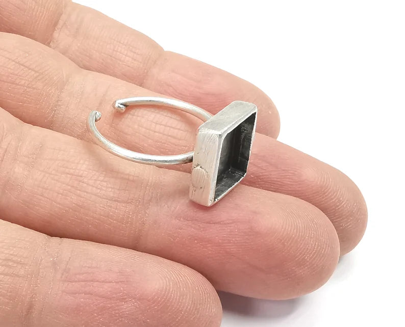 Ring Blanks Silver Square Ring Setting Cabochon Mounting Adjustable Ring Base Bezel Antique Silver Plated Brass (10x10mm Blank) G26676